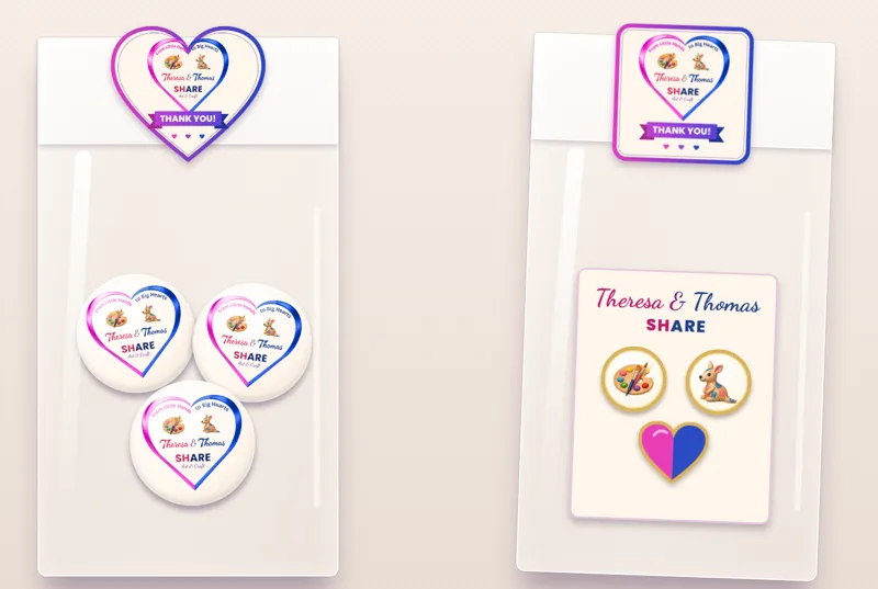 Button badges and pin badges packed in clear bags