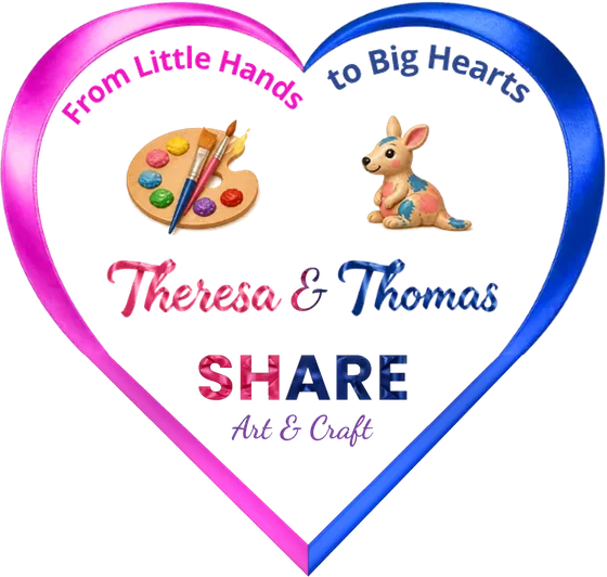 Theresa & Thomas SHARE logo: a pink and blue ribbon heart with a paint palette and a kangaroo